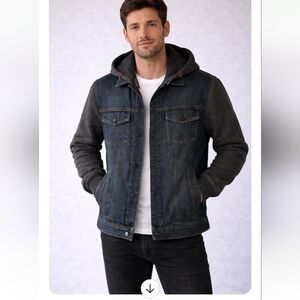 Dravus Hooded Denim Jacket Men’s Medium Dark Wash Jean Jacket Fleece Sleeves